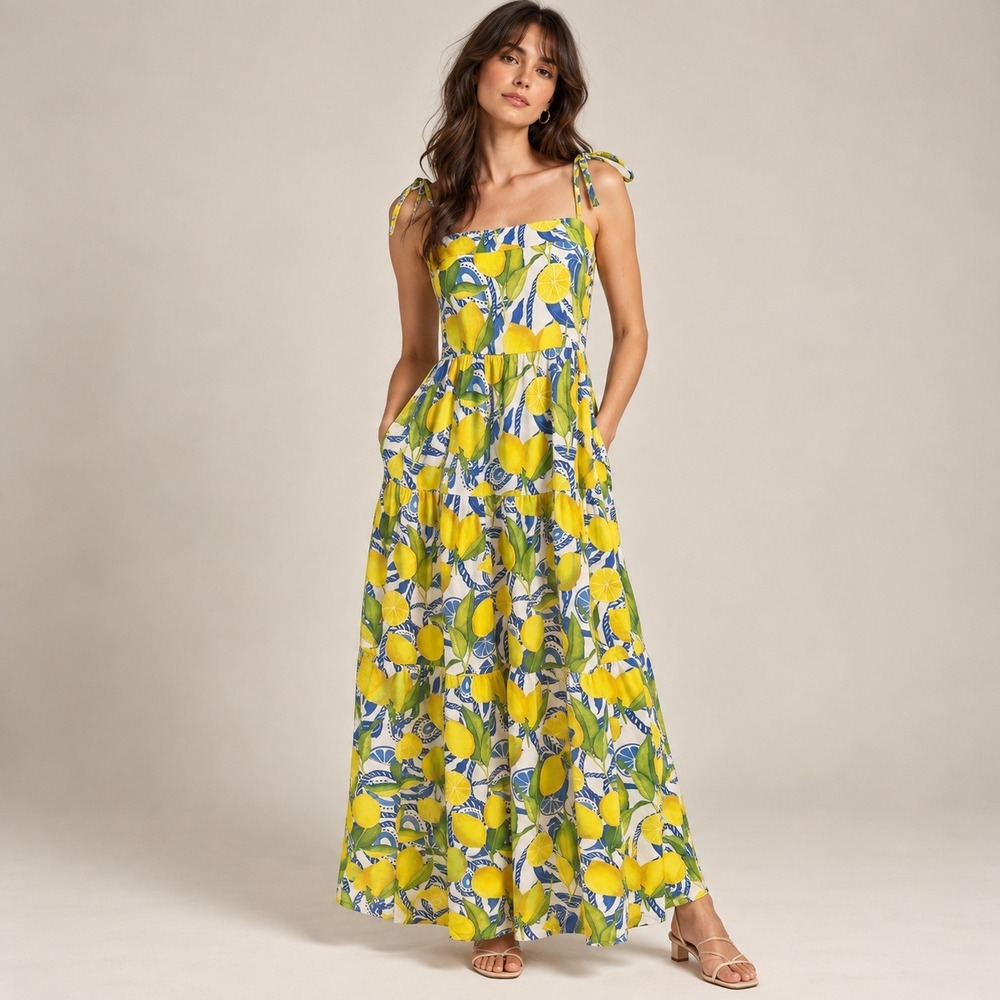 Kenny Flowers Positano Resort Maxi Dress Womens L Yellow Lemon Tiered Smocked